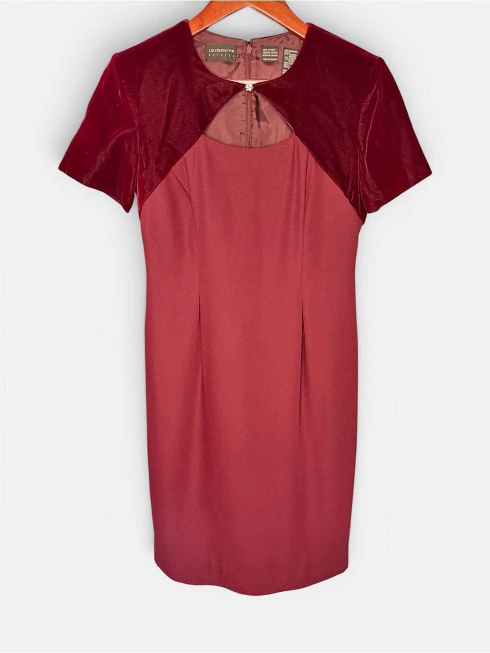 Vintage Liz Claiborne Burgundy Velvet Yoke Sheath Dress 90s Colorblock Size 4